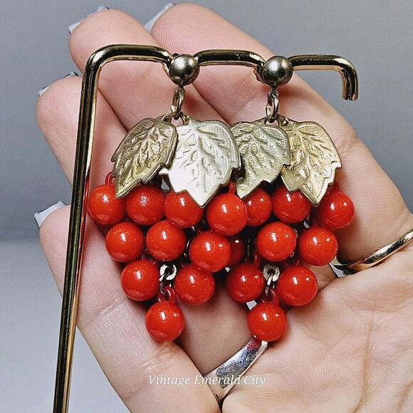 Antique Coral Bunch Grapevine Earrings Golden Leafs Victorian Clusters Dangle - Picture 6 of 12